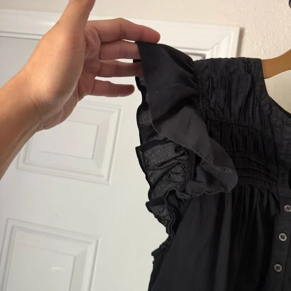 XIRENA black cotton ruffle sleeveless popover boxy cropped ruched blouse top - Picture 3 of 6
